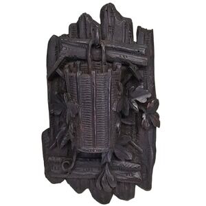 Antique Black Forest Hand Carved Wood Match Holder Forest Basket 1900s Brown